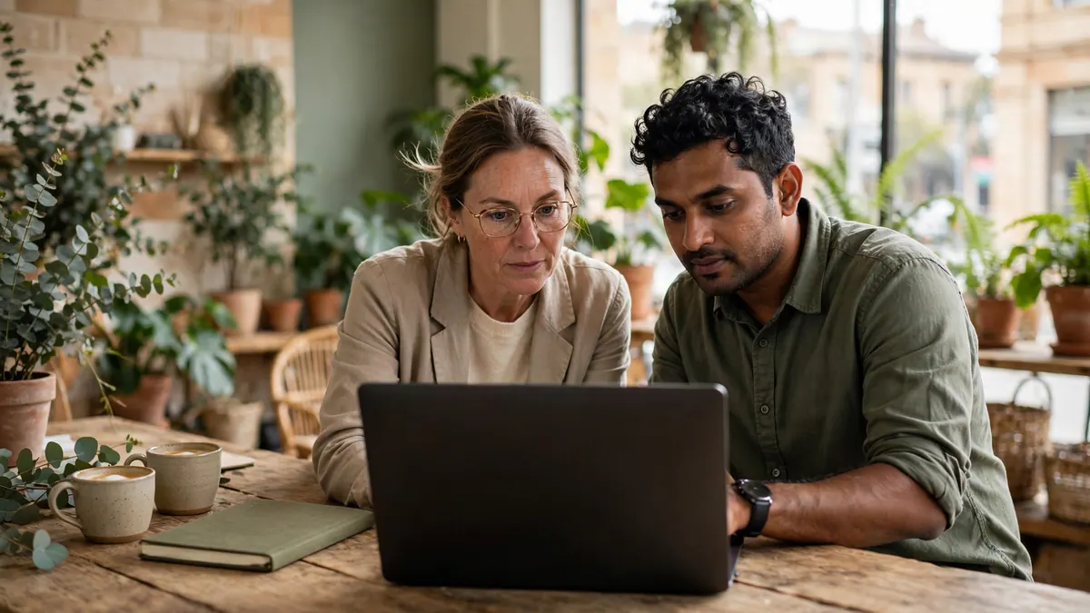 Two colleagues study a laptop together at a timber table in a bright office full of plants