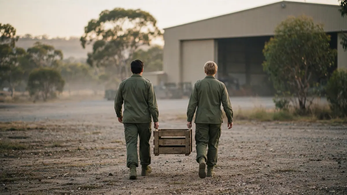 Two service members in plain olive uniforms carry a wooden crate across gravel toward a hangar at dawn
