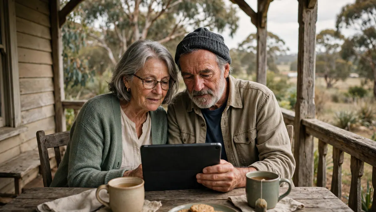 A retired couple look at a tablet over cups of tea on the verandah of a weatherboard house among gum trees