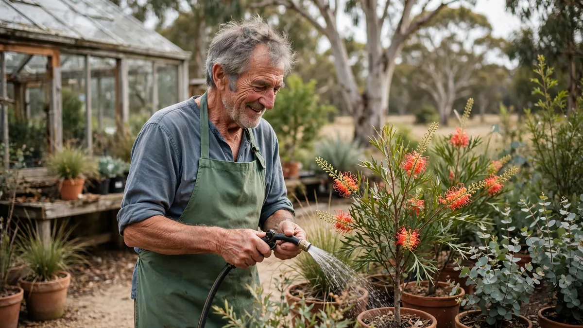 An older man in a green apron smiles as he waters flowering grevilleas at a plant nursery