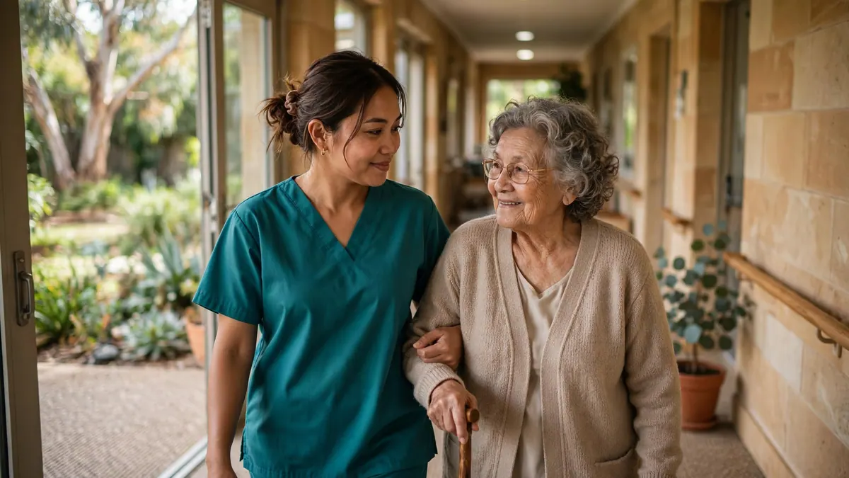 A care worker in teal scrubs walks arm in arm with an older woman using a cane down a sunny corridor