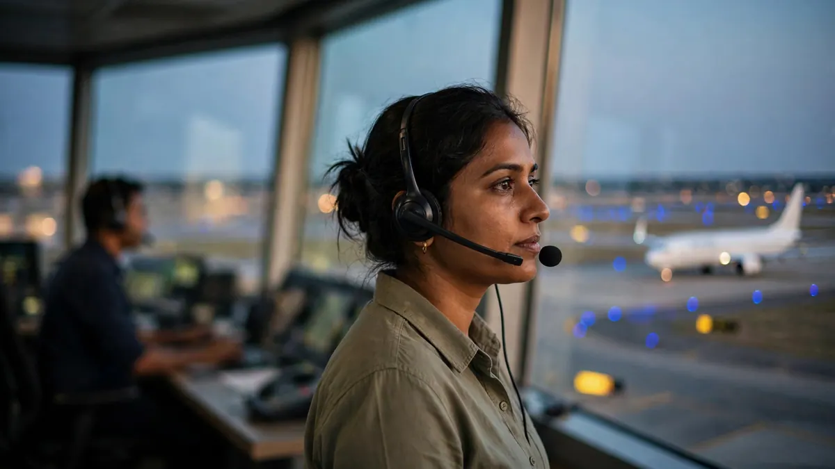 An air traffic controller in a headset watches a plane on the runway from a control tower at dusk
