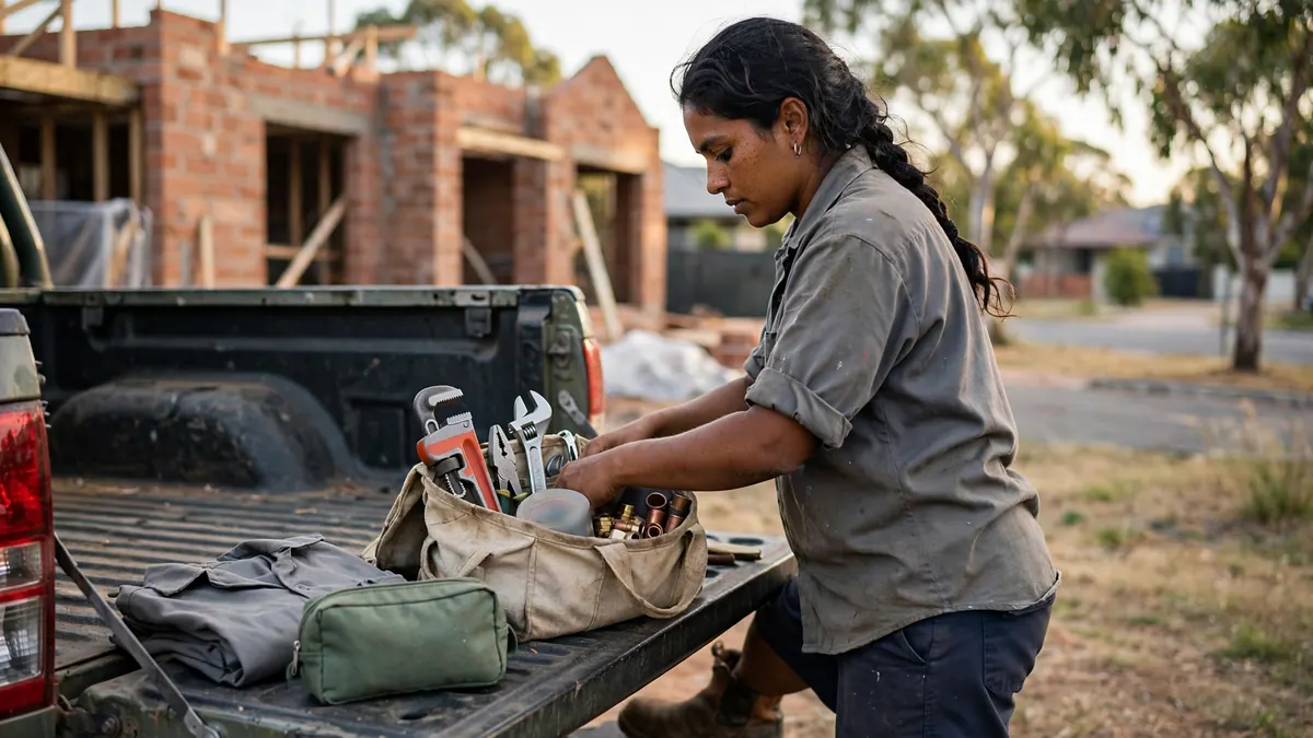 A plumber packs wrenches into a canvas tool bag on a ute tray beside a first aid pouch and a spare shirt