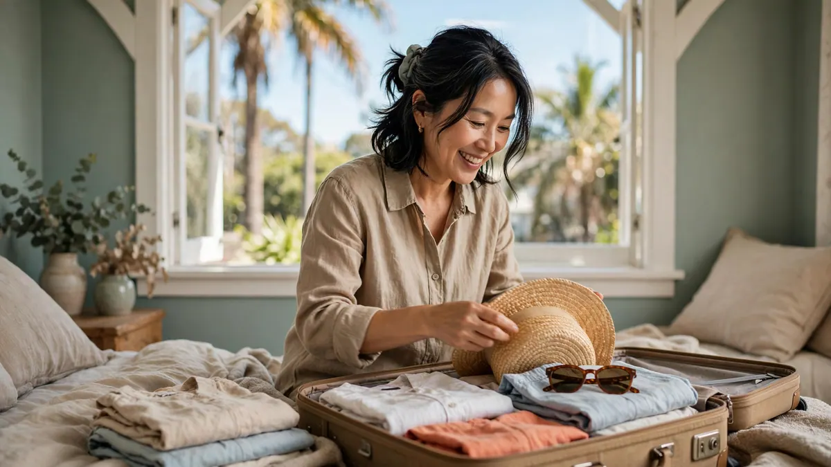A smiling woman packs a straw hat, sunglasses and summer clothes into a suitcase on her bed