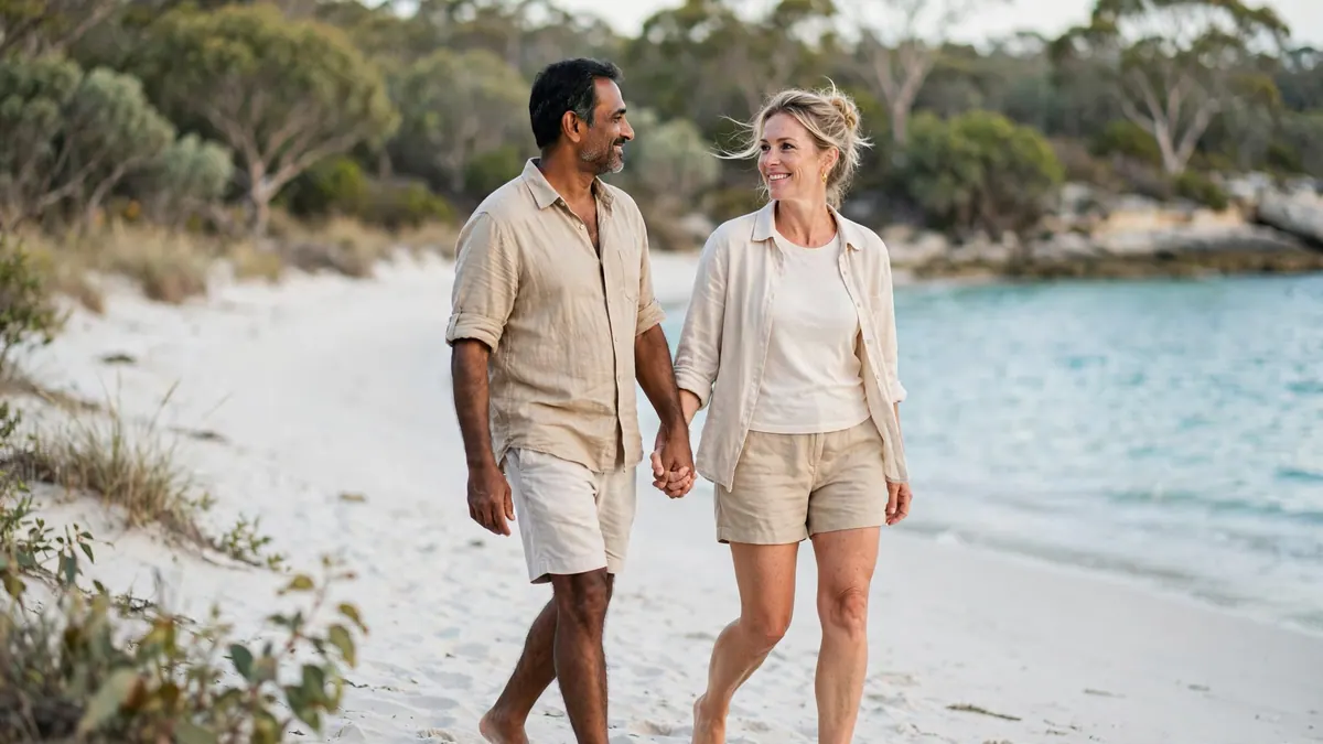 A smiling couple walk hand in hand along a white sand beach with turquoise water