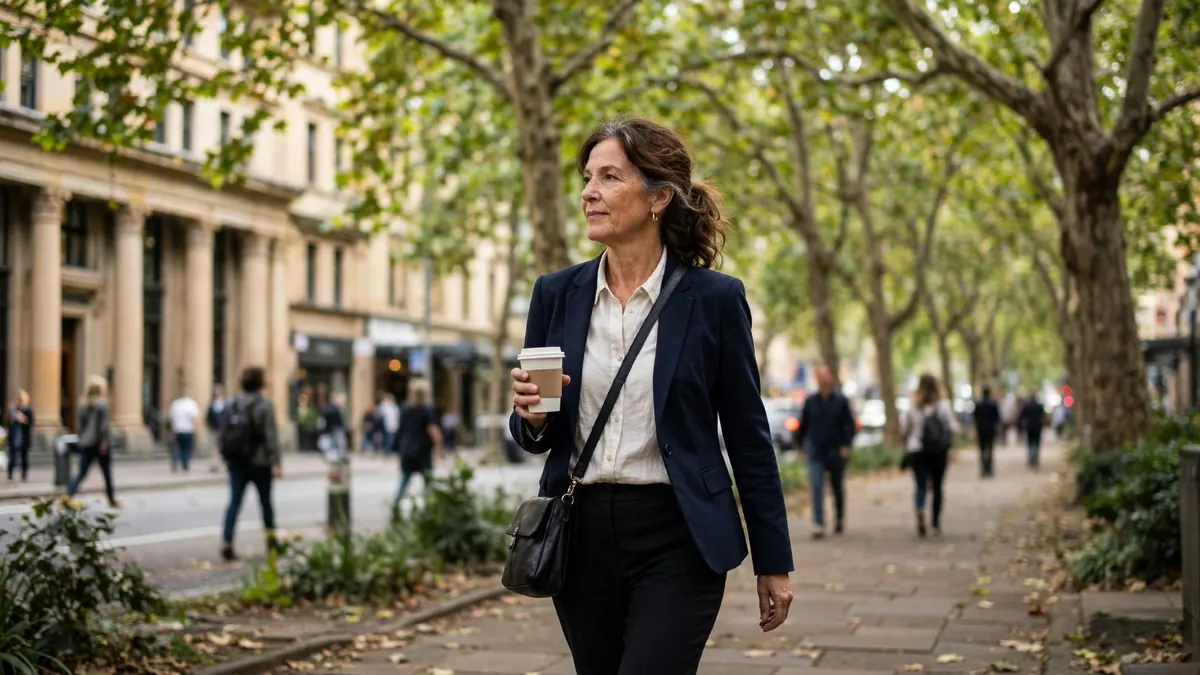 A woman in a navy blazer walks to work with a takeaway coffee along a leafy city footpath