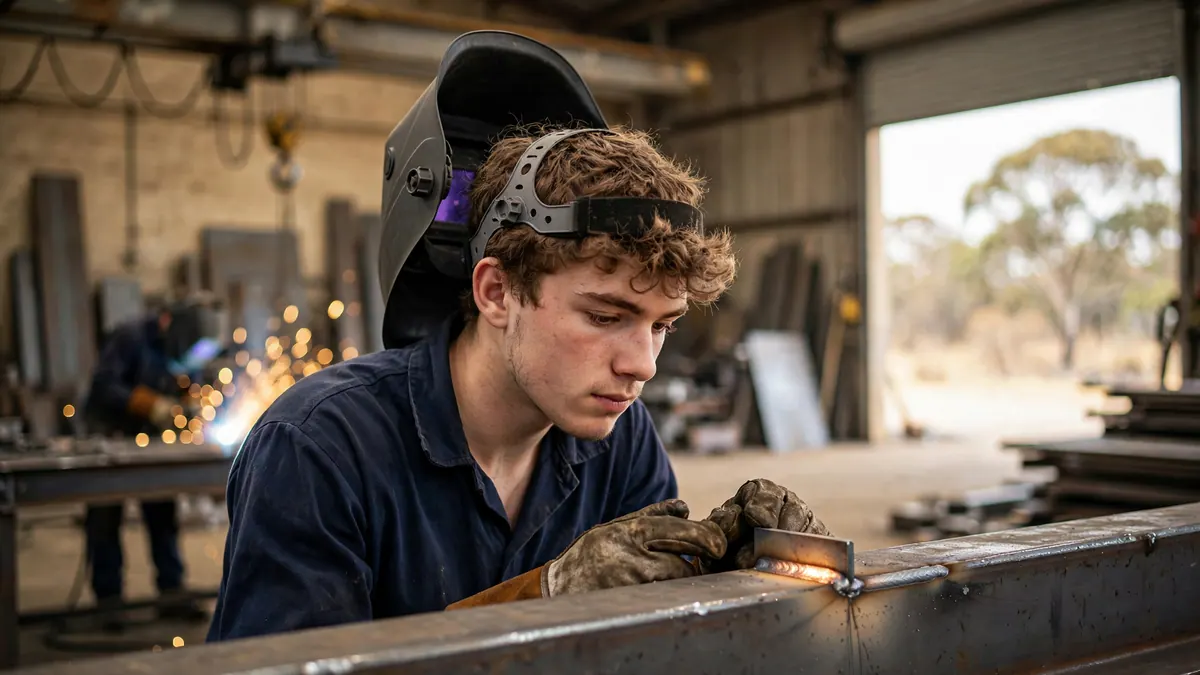 A young apprentice with a raised welding helmet inspects a fresh weld on a steel beam as sparks fly behind
