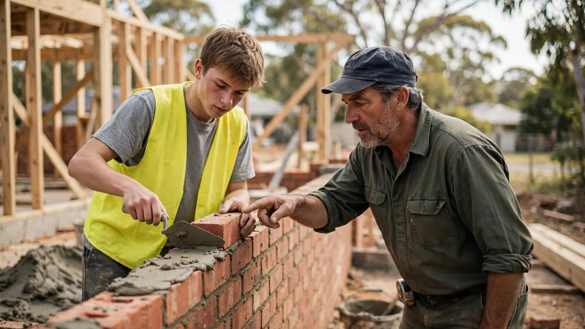 A young apprentice in a hi-vis vest lays a brick as an older bricklayer points out the next step