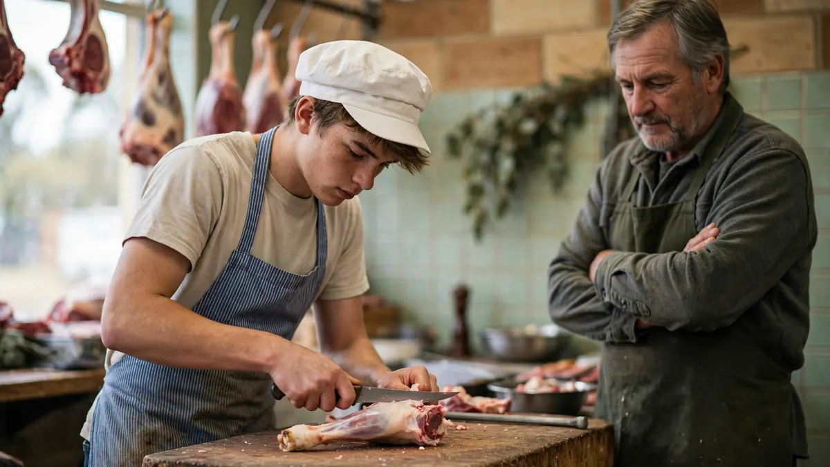 A young apprentice butcher trims a lamb leg on a wooden block as an older butcher looks on