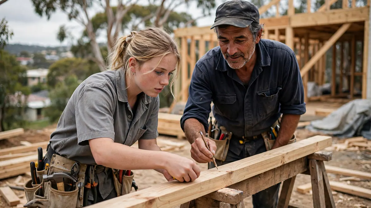 A young apprentice carpenter steadies a pine board on a sawhorse as an older carpenter marks it in pencil