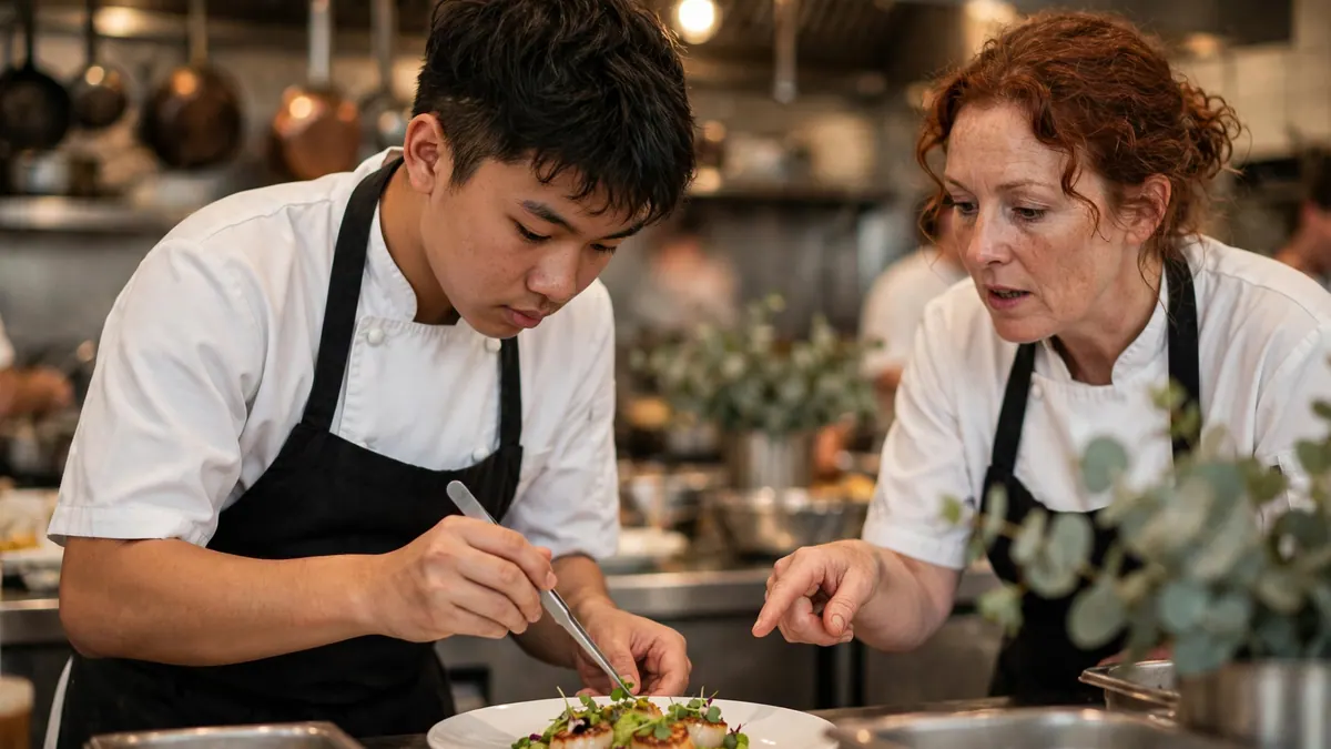 A young apprentice chef plates scallops with tweezers as the head chef points beside him