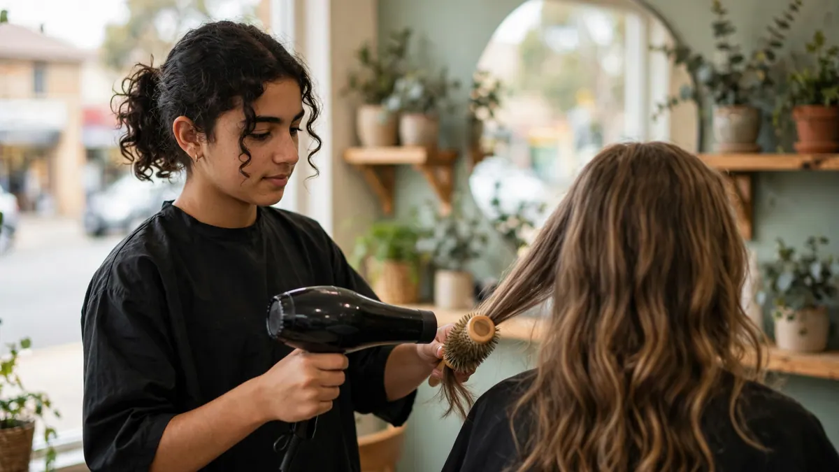 A teenage apprentice hairdresser blow-dries a client's long wavy hair with a round brush in a leafy salon