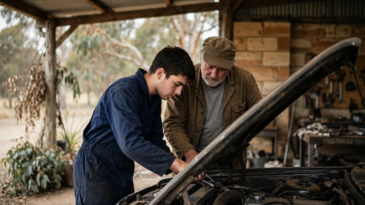 A young apprentice in navy overalls works on a car engine as an older mechanic looks on in a country workshop