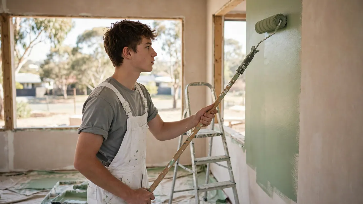 A young apprentice painter in white overalls rolls sage green paint onto a wall in a new home