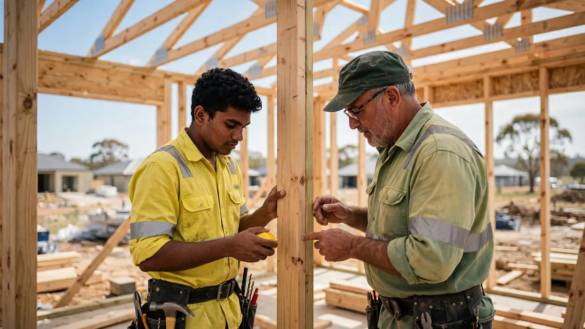 A young apprentice carpenter with a tape measure learns from an older carpenter inside a new timber house frame