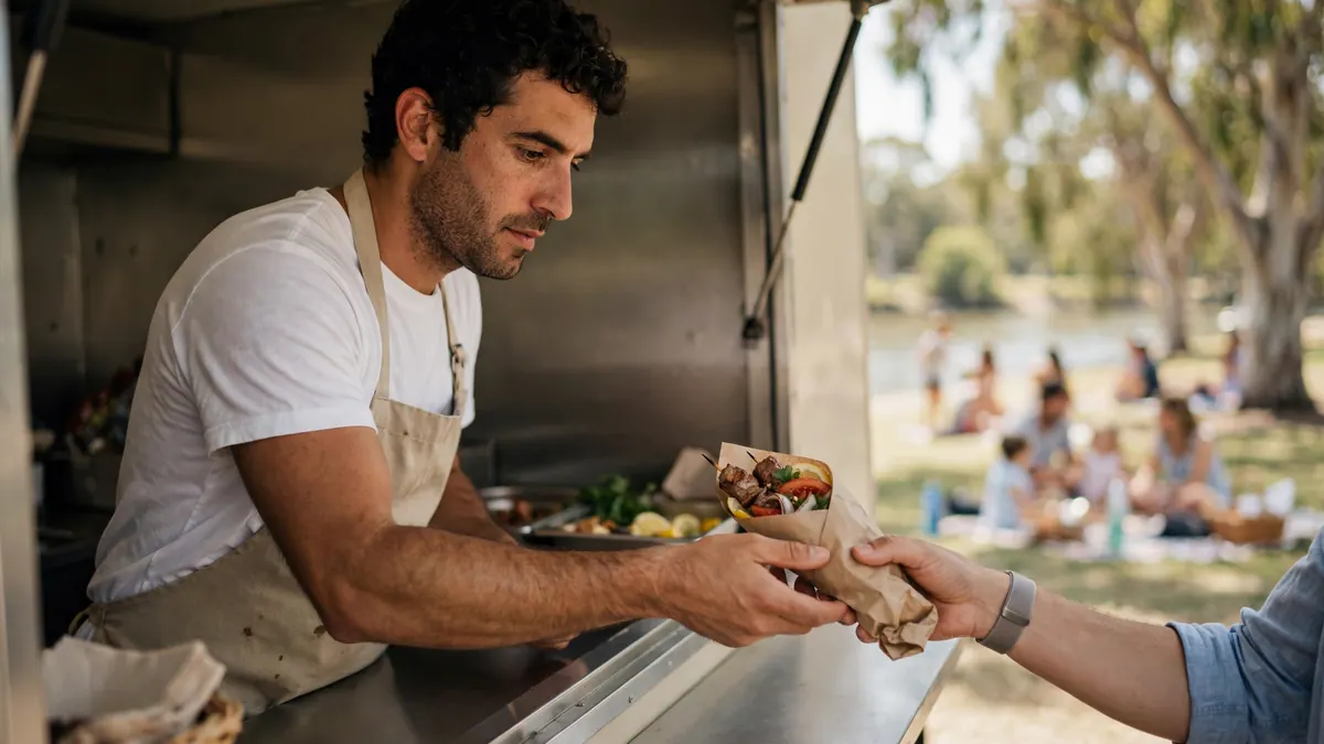 A food truck worker hands a wrapped souvlaki to a customer as families picnic by a river