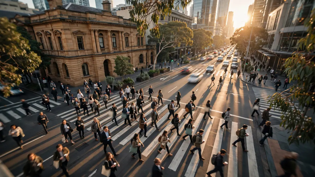 Morning commuters with coffees cross a wide city intersection between sandstone buildings and towers