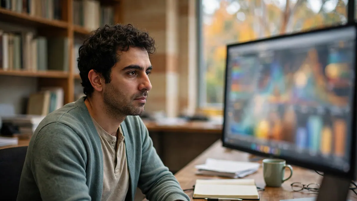 A researcher in a cardigan studies colourful charts on a large monitor in a book-lined office