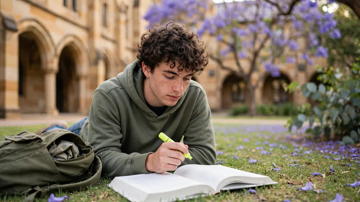 A student highlights a textbook on the lawn of a sandstone campus under a jacaranda