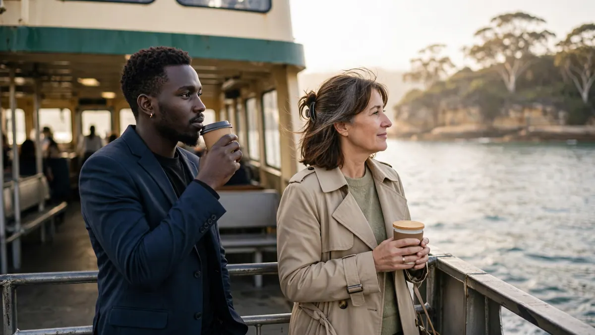 Two commuters with takeaway coffees stand at the rail of a green and cream harbour ferry at sunrise
