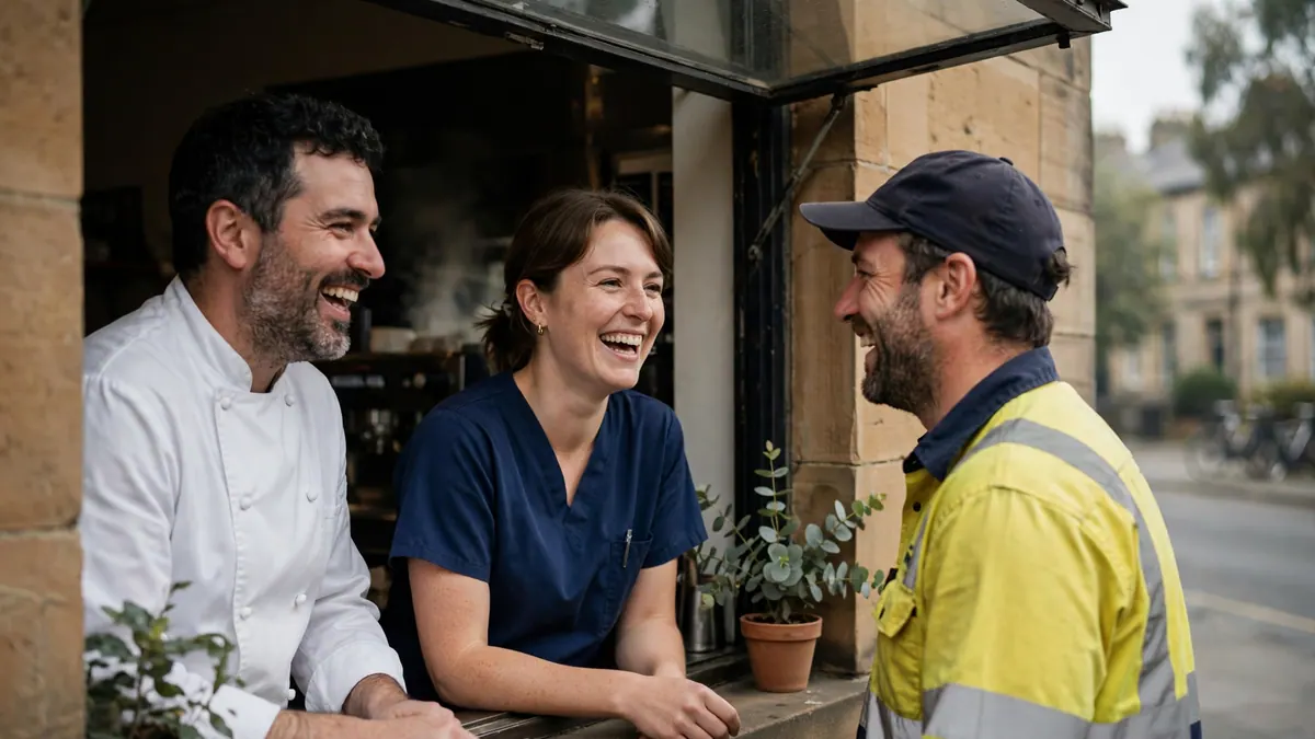 A chef, a nurse in navy scrubs and a tradie in hi-vis laugh together at a sandstone café window