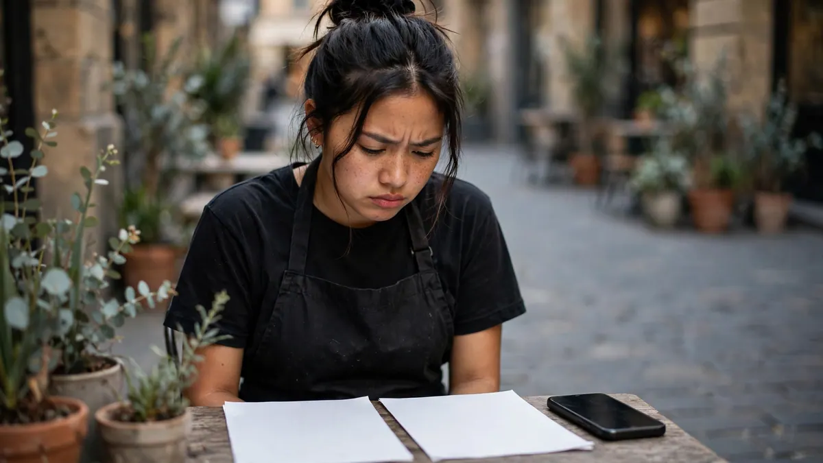 A hospitality worker in a black apron frowns over two payslips at a café table in a city laneway