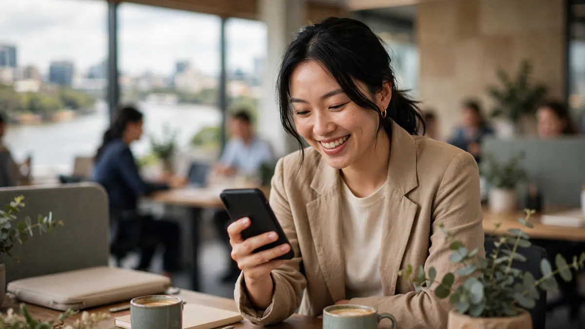 A smiling woman in a linen blazer reads her phone at an office desk with a river view behind