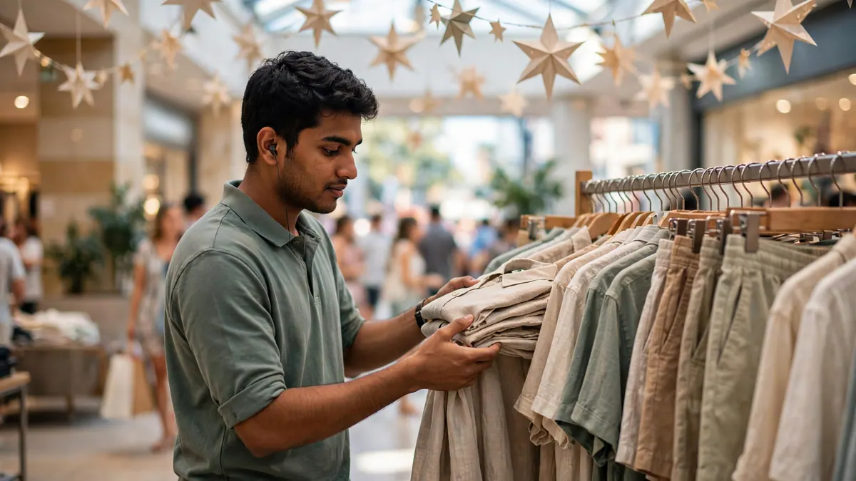 A young retail worker restocks linen shirts on a rack under paper star decorations in a busy store