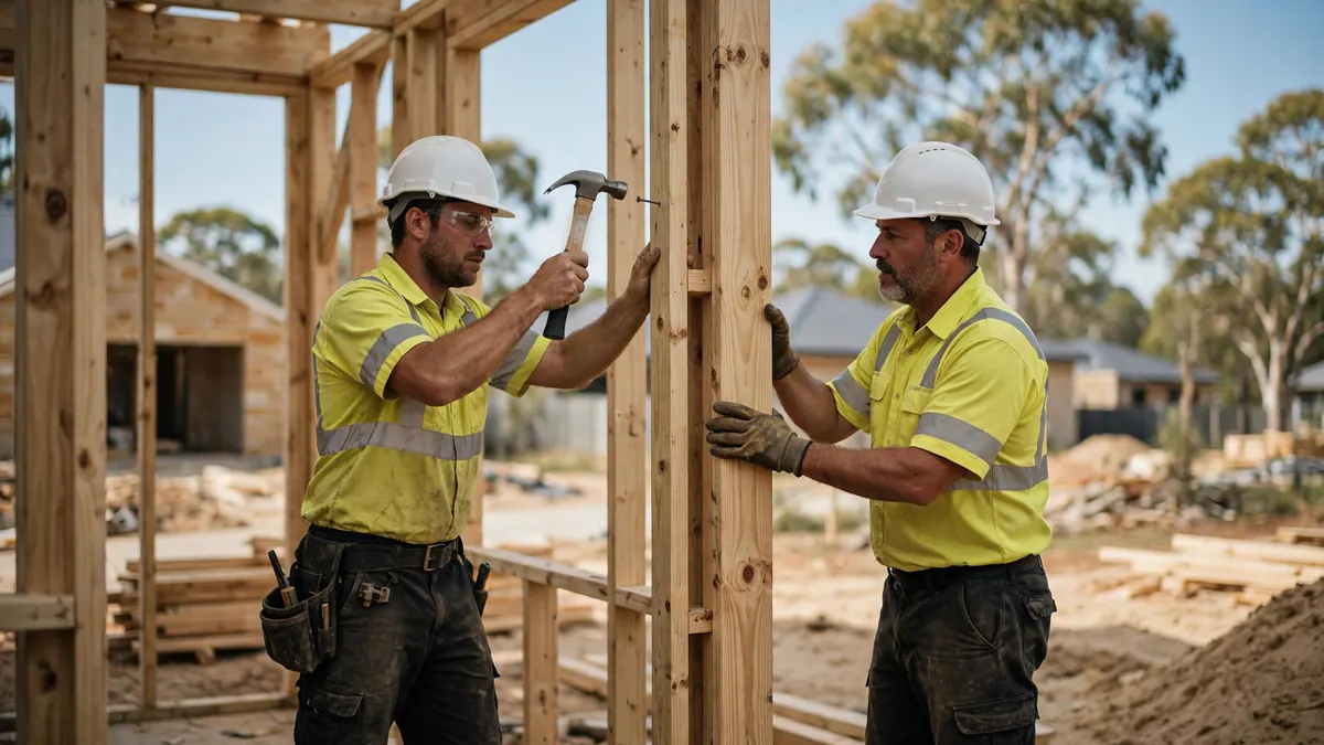 Two carpenters in hi-vis shirts and white hard hats nail up a timber wall frame on a new housing estate