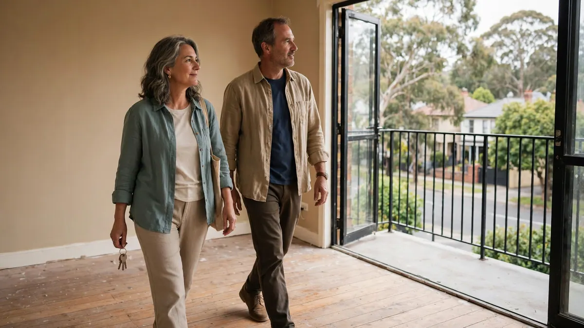 A couple walk through an empty, freshly painted apartment towards an open balcony, she holds the keys
