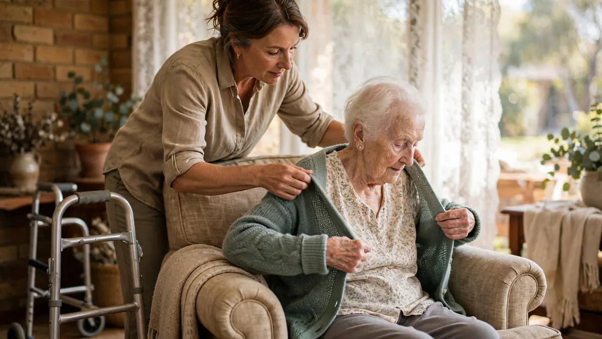 A woman helps her elderly mother into a green cardigan beside an armchair, a walking frame nearby