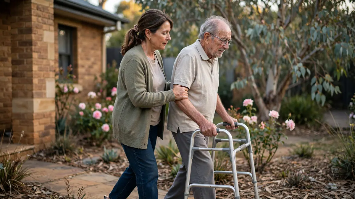 A woman steadies her elderly father as he walks with a frame along a garden path outside a brick house