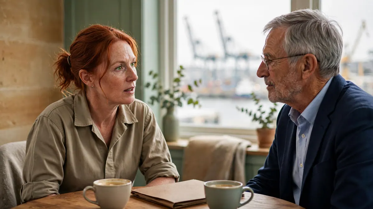 A red-haired woman in a work shirt talks with an older adviser over coffee, port cranes outside