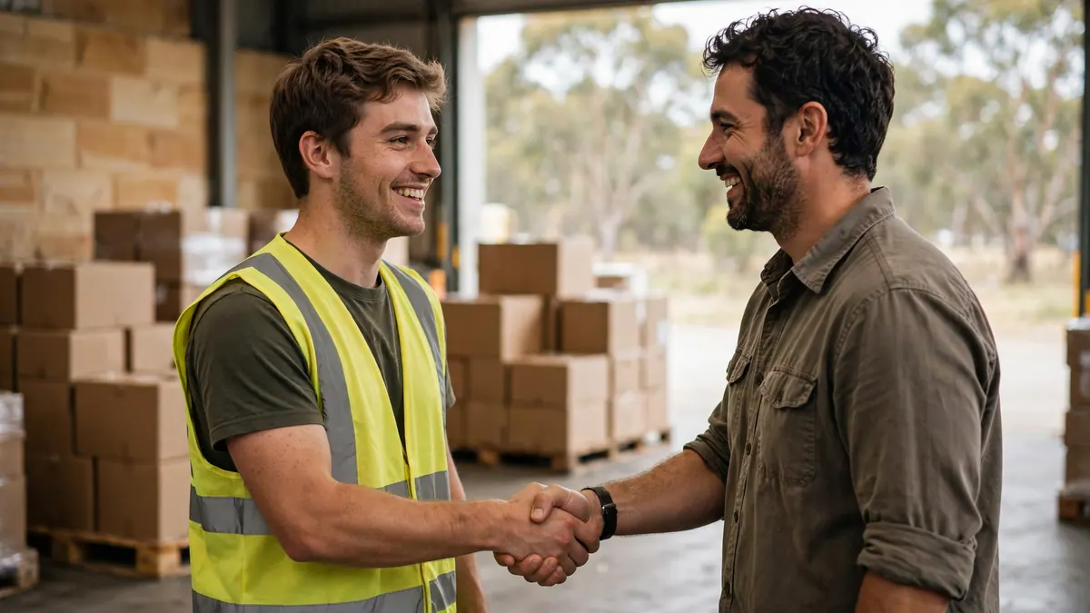 A young warehouse worker in a hi-vis vest smiles and shakes hands with his supervisor among cartons