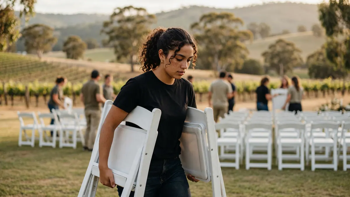 A young events worker carries white folding chairs across a vineyard lawn set up for a wedding