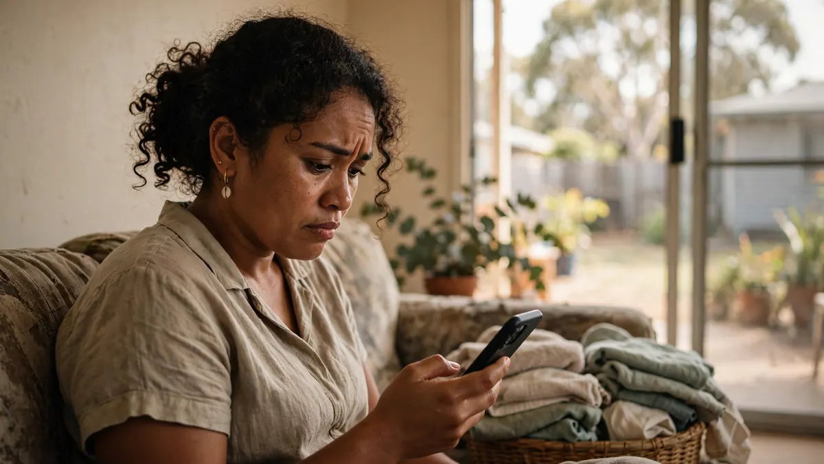 A woman on a couch frowns at her phone, a basket of folded washing beside her