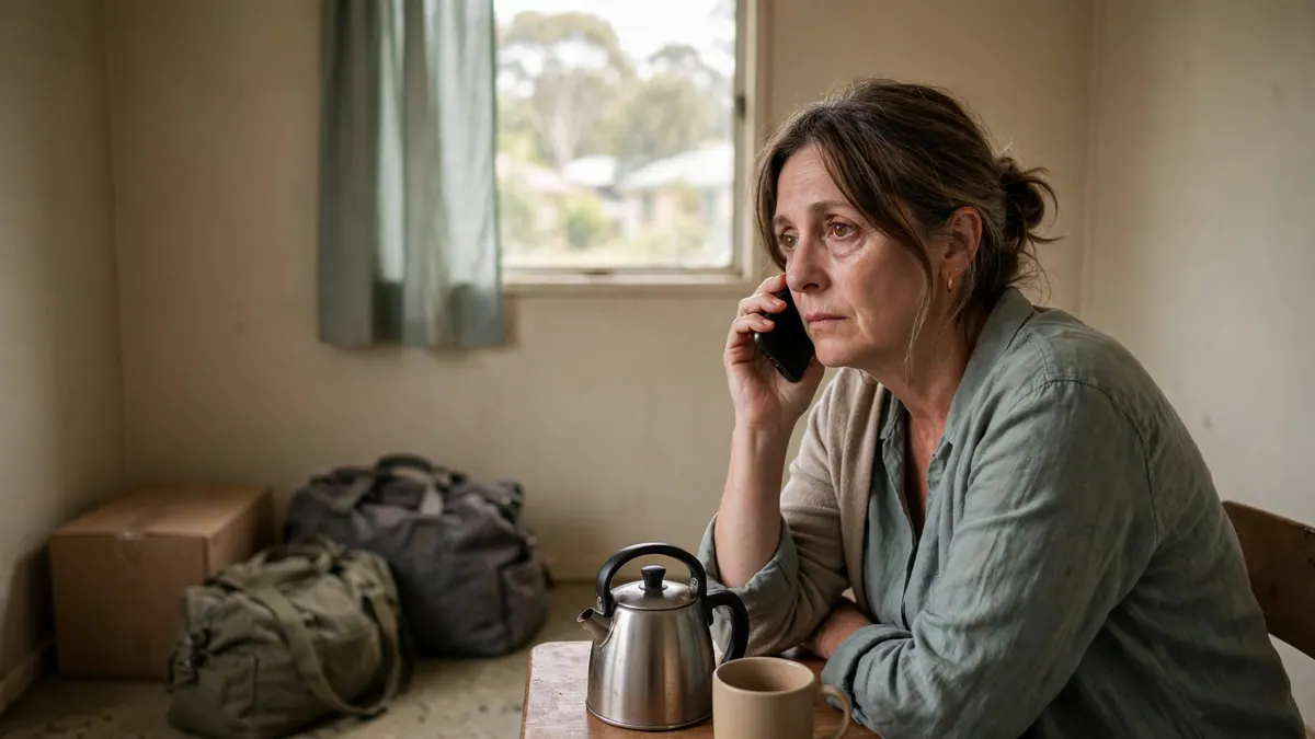 A woman makes a phone call at a small table in a bare rental unit with packed bags on the floor