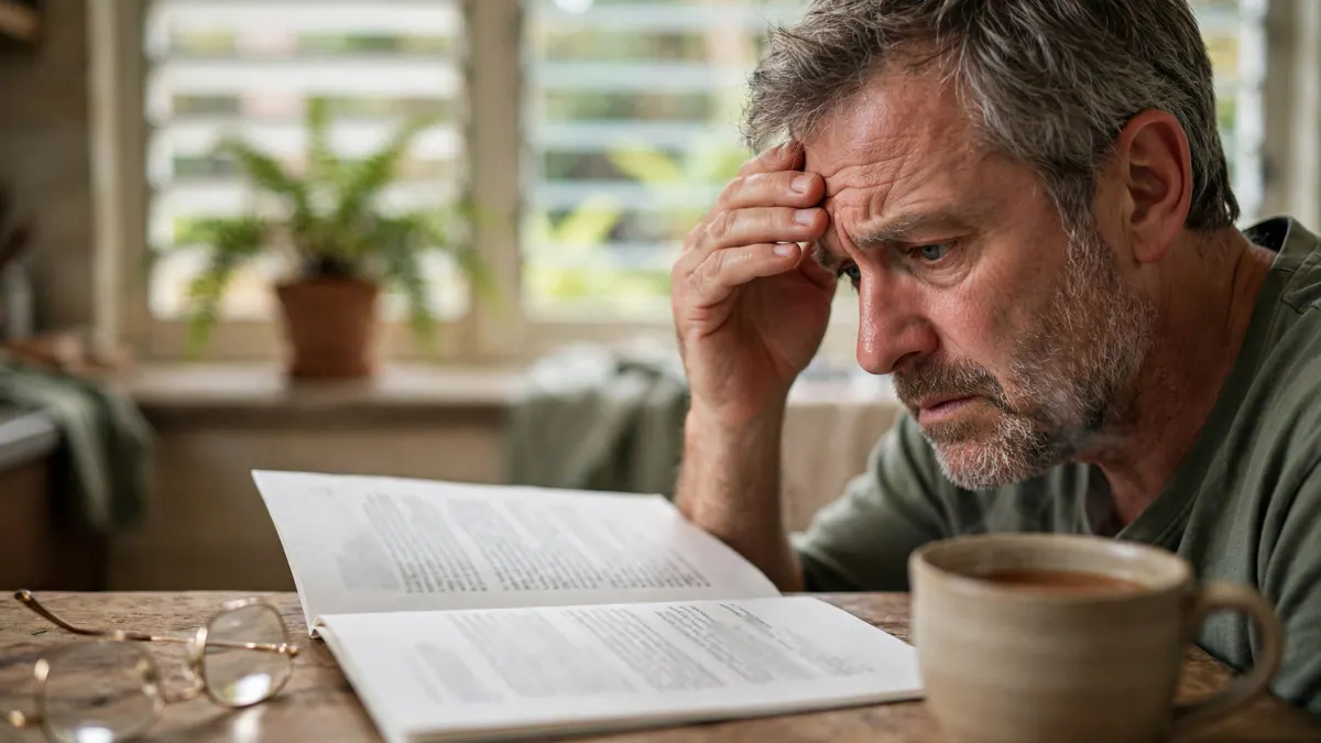 A worried man rubs his forehead while reading printed pages at a kitchen table beside a mug of tea