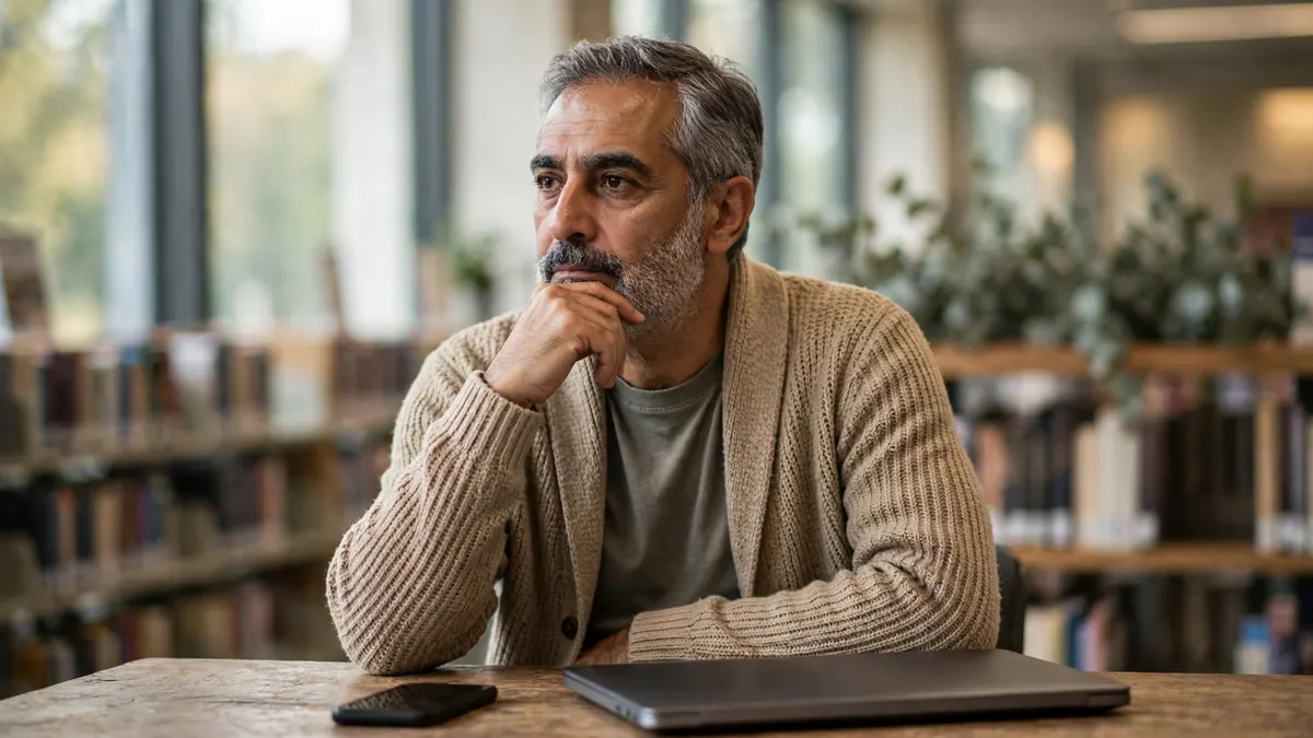 A man in a cardigan sits deep in thought at a library table beside a closed laptop and phone