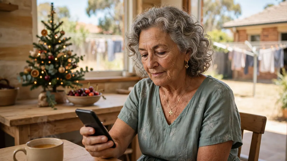 An older woman checks her phone over a cup of tea beside a small Christmas tree and a bowl of cherries