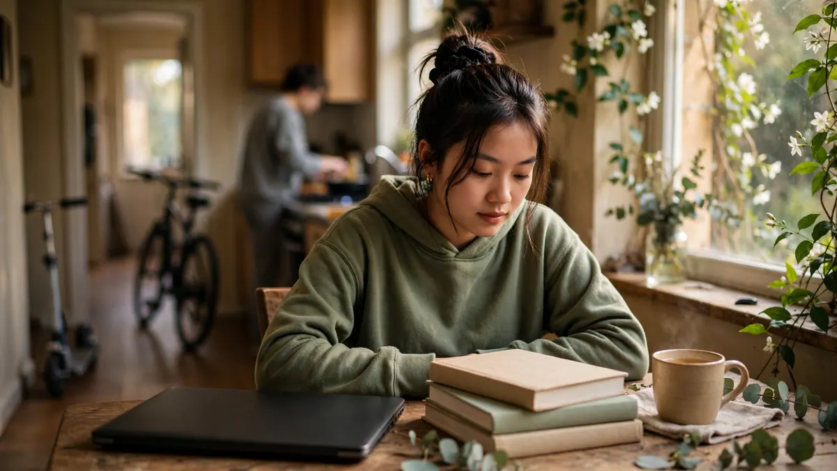 A young woman in a green hoodie studies at a share house kitchen table, a bike in the hall behind
