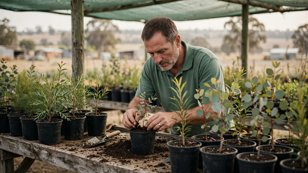 A man in a green polo pots native seedlings at a timber bench under shade cloth at a country nursery