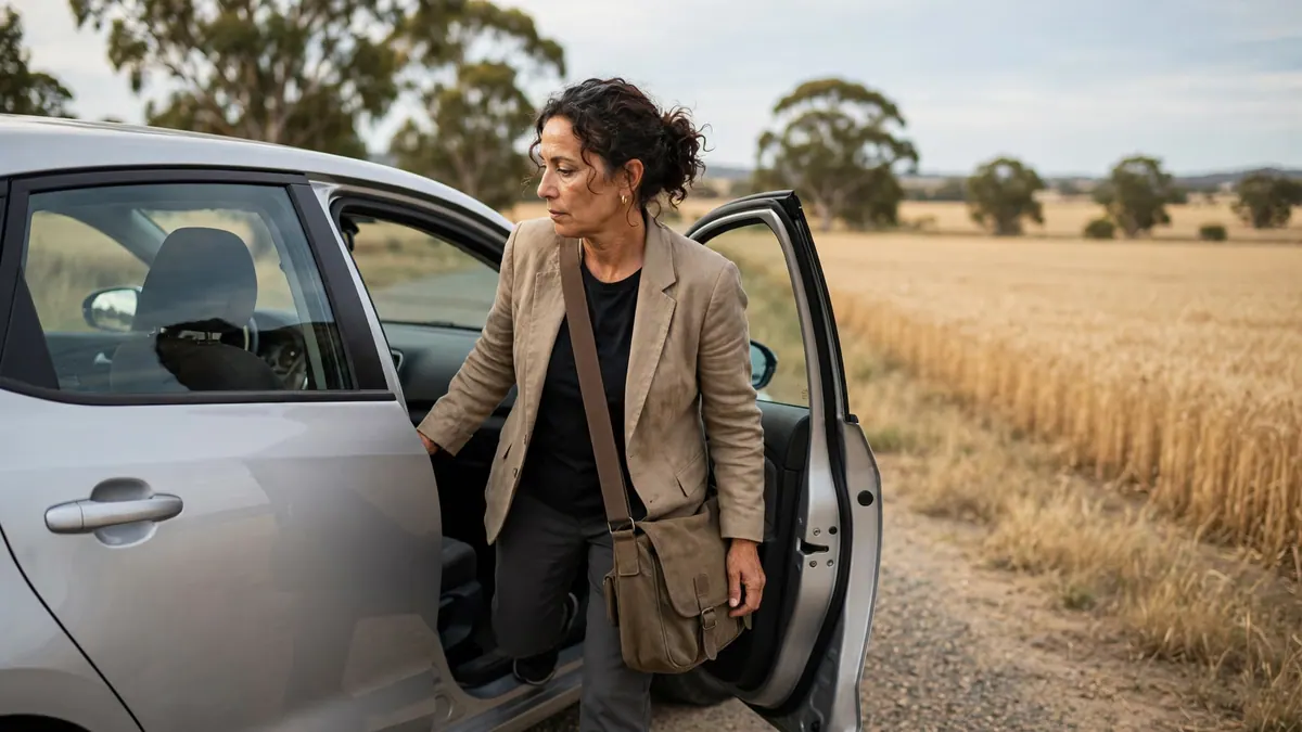 A woman with a work bag steps out of the driver's door of a silver hatchback beside a wheat field