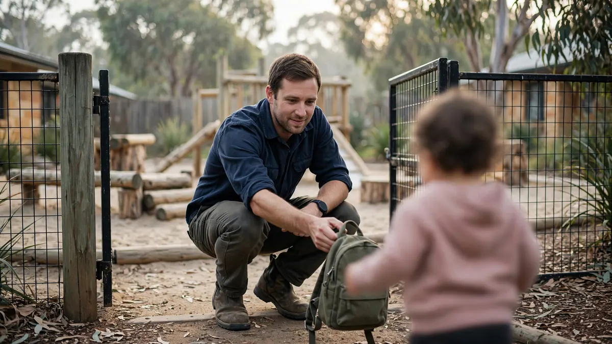 A father crouches at a childcare centre gate to hand a small backpack to his toddler
