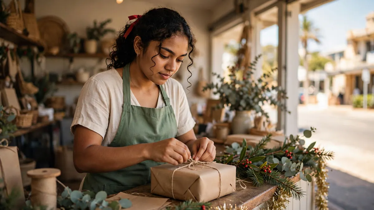 A shop assistant with a red ribbon in her hair ties twine around a brown-paper gift beside Christmas greenery