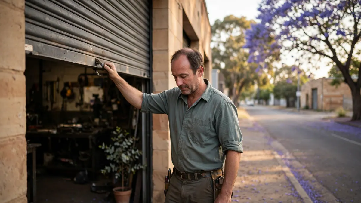 A tradesman pulls down the roller door of his workshop on a jacaranda-lined street in summer