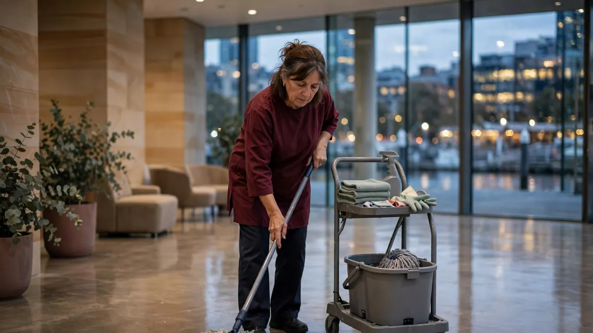 A cleaner in a maroon tunic mops an office lobby floor at dusk beside her cleaning trolley