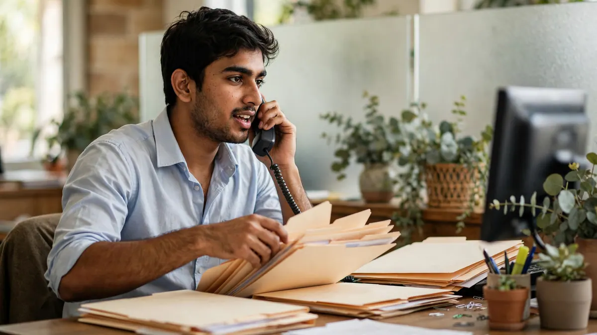 An office clerk on a desk phone sorts through manila folders at a reception desk
