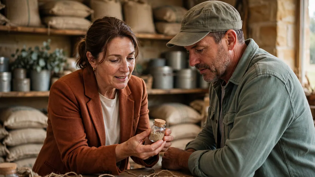 A sales rep in a rust blazer shows a jar of seed to a store owner in a country produce store