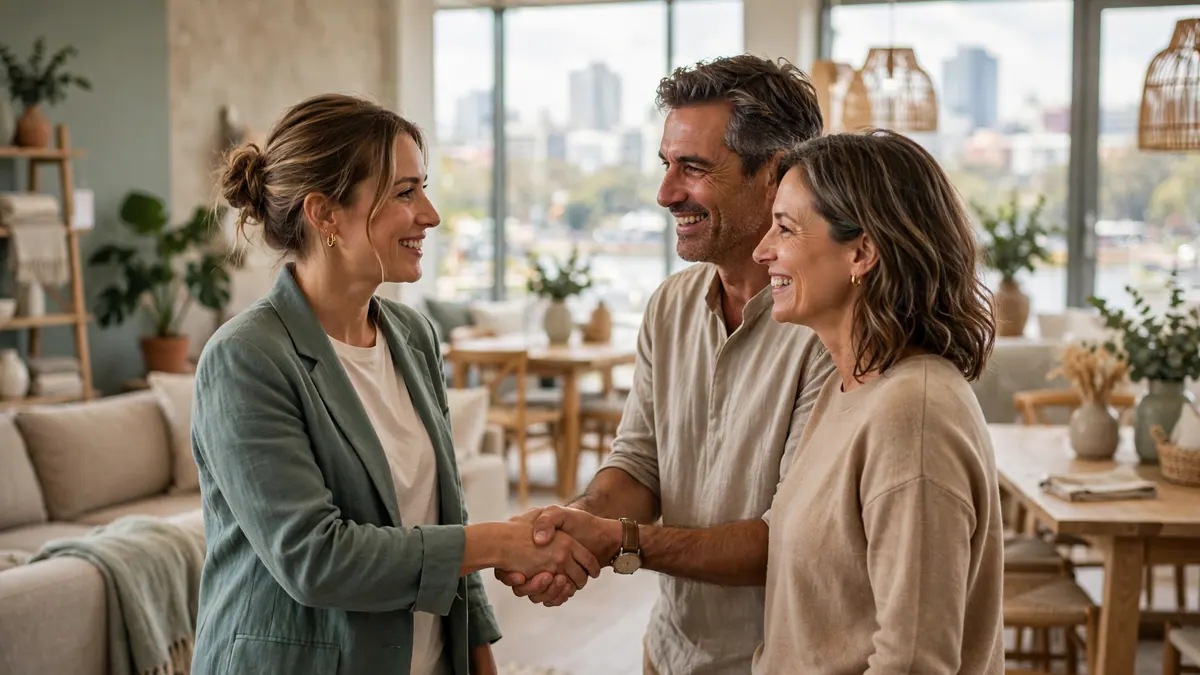 A saleswoman shakes hands with a smiling couple in a bright furniture showroom
